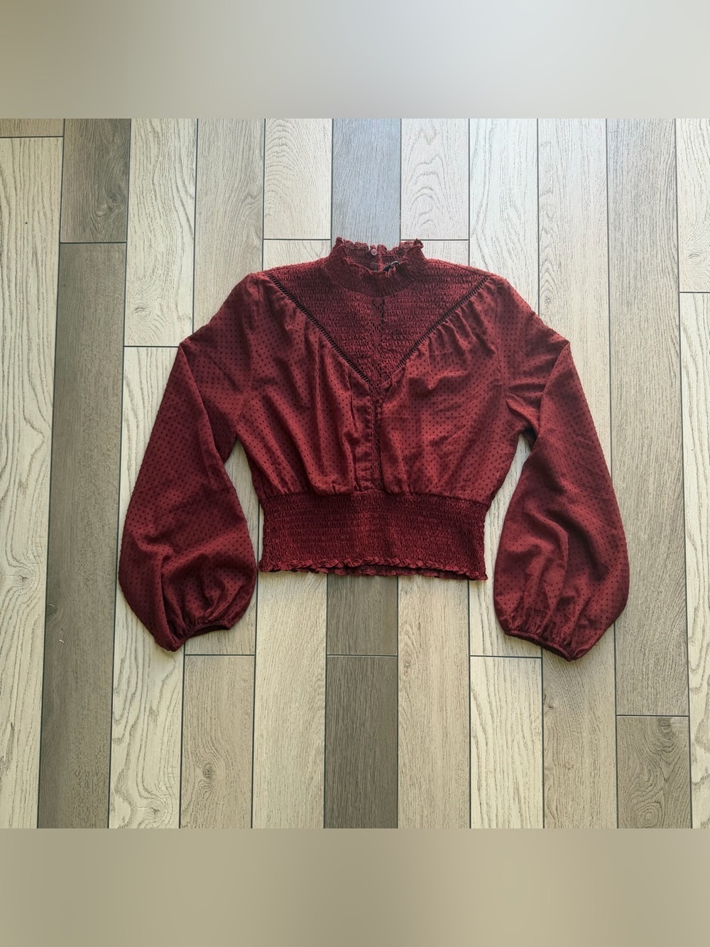 Zara Burgundy Smocked-Waist Textured Dot Blouse size S